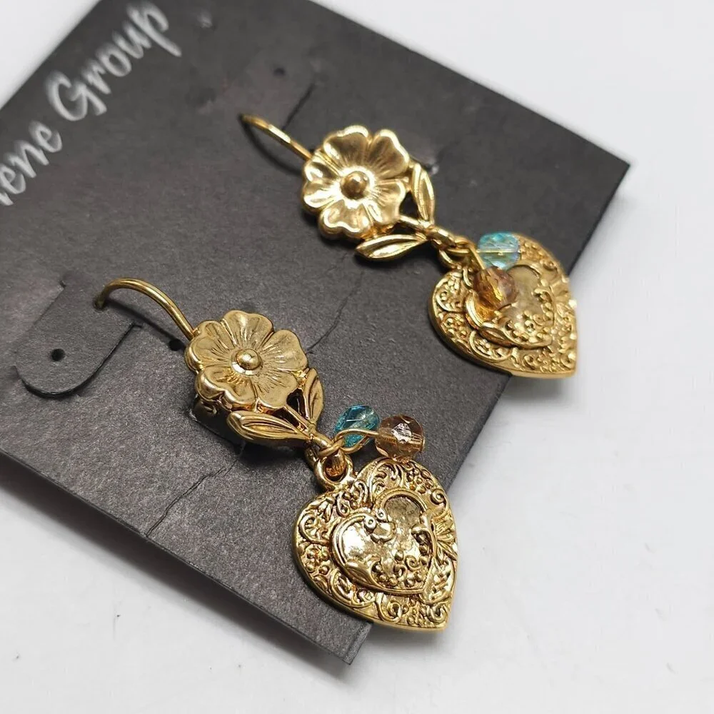 Gold Tone Heart Flower Blue Crystal Dangle Earrings By Darlene Group